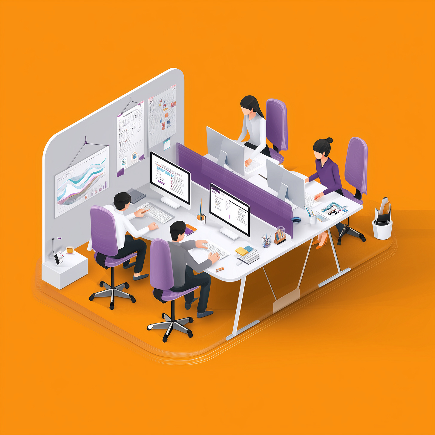 Modern office team using desktop computers with generative AI tools in a collaborative workspace. Conceptual illustration representing the rise of freemium AI platforms like ChatGPT, Claude, and Gemini in everyday corporate workflows.