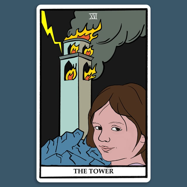 A tower card meme with a child staring back at the viewer with a smile as the tower burns in the distance