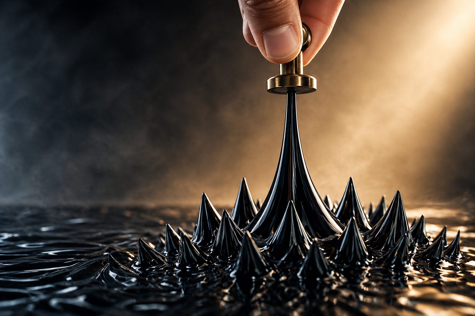 A magnetic force draws order from chaos as ferrofluid rises into sharp formation—an unseen power shaping what once seemed scattered.