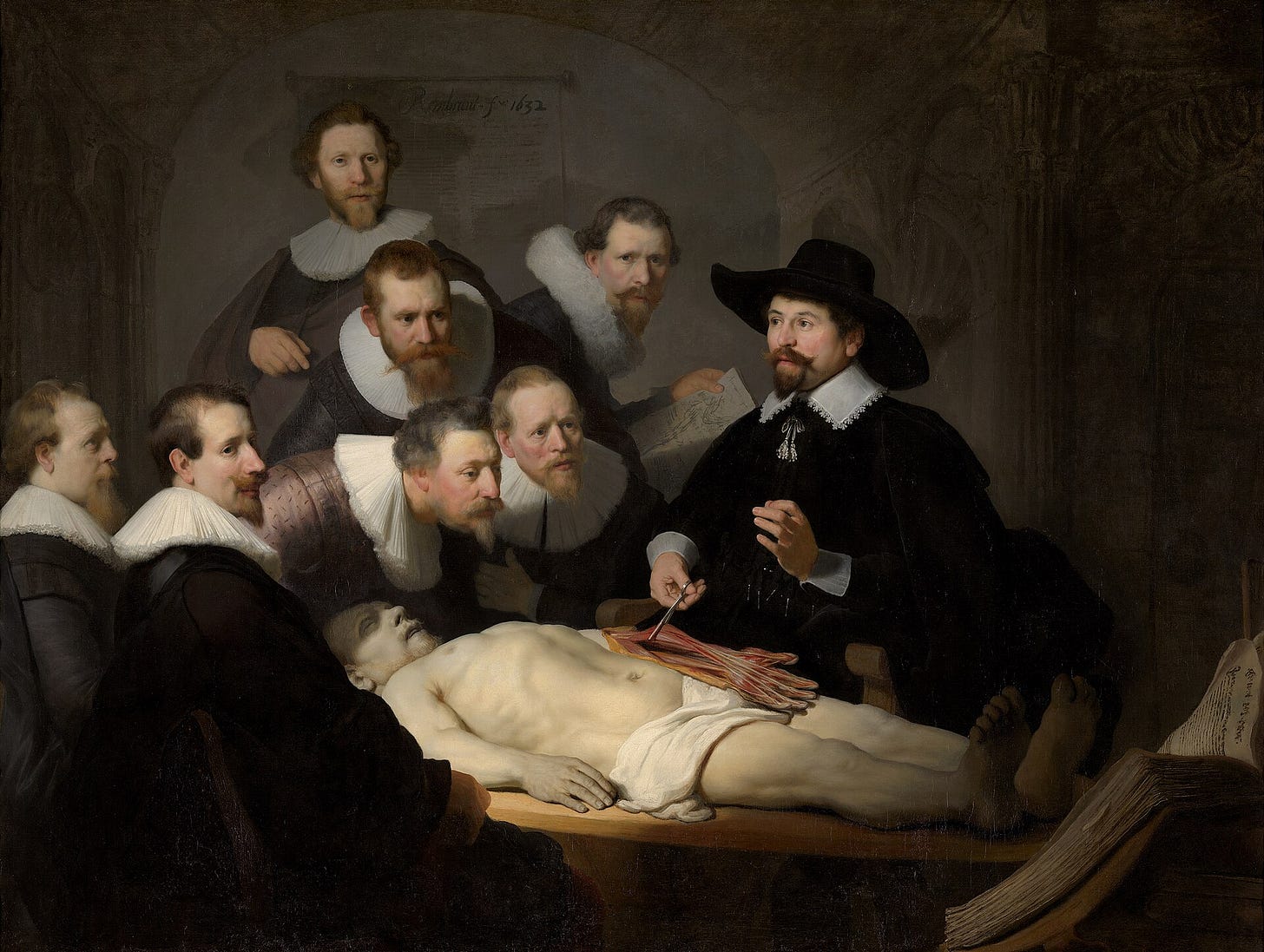 Rembrandt's 1632 group portrait showing Dr Nicolaes Tulp dissecting the forearm of Aris Kindt in front of seven Amsterdam surgeons Rembrandt's 1632 group portrait showing Dr Nicolaes Tulp dissecting the forearm of Aris Kindt in front of seven Amsterdam surgeons