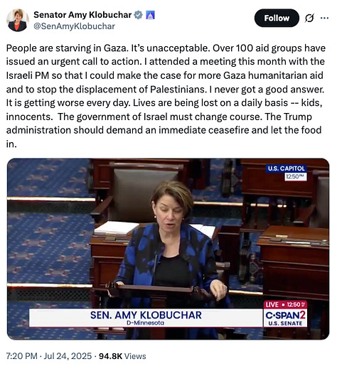 A picture of Amy Kloubachar and Corey Booker with Netanyahu. Other pictures of their statements on Gaza.