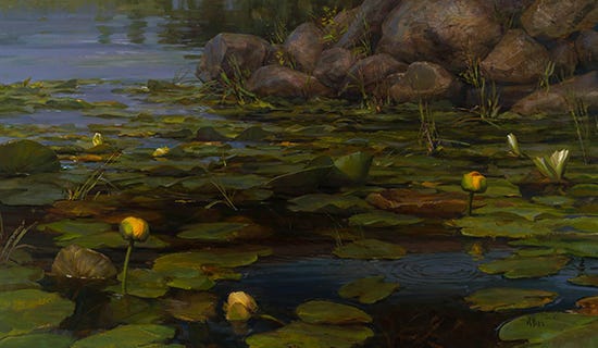The Enchanted Lake - Lilies under the Footbridge, 28 x 48" Oil, © Mary Pettis The Enchanted Lake - Lilies under the Footbridge, 28 x 48" Oil, © Mary Pettis