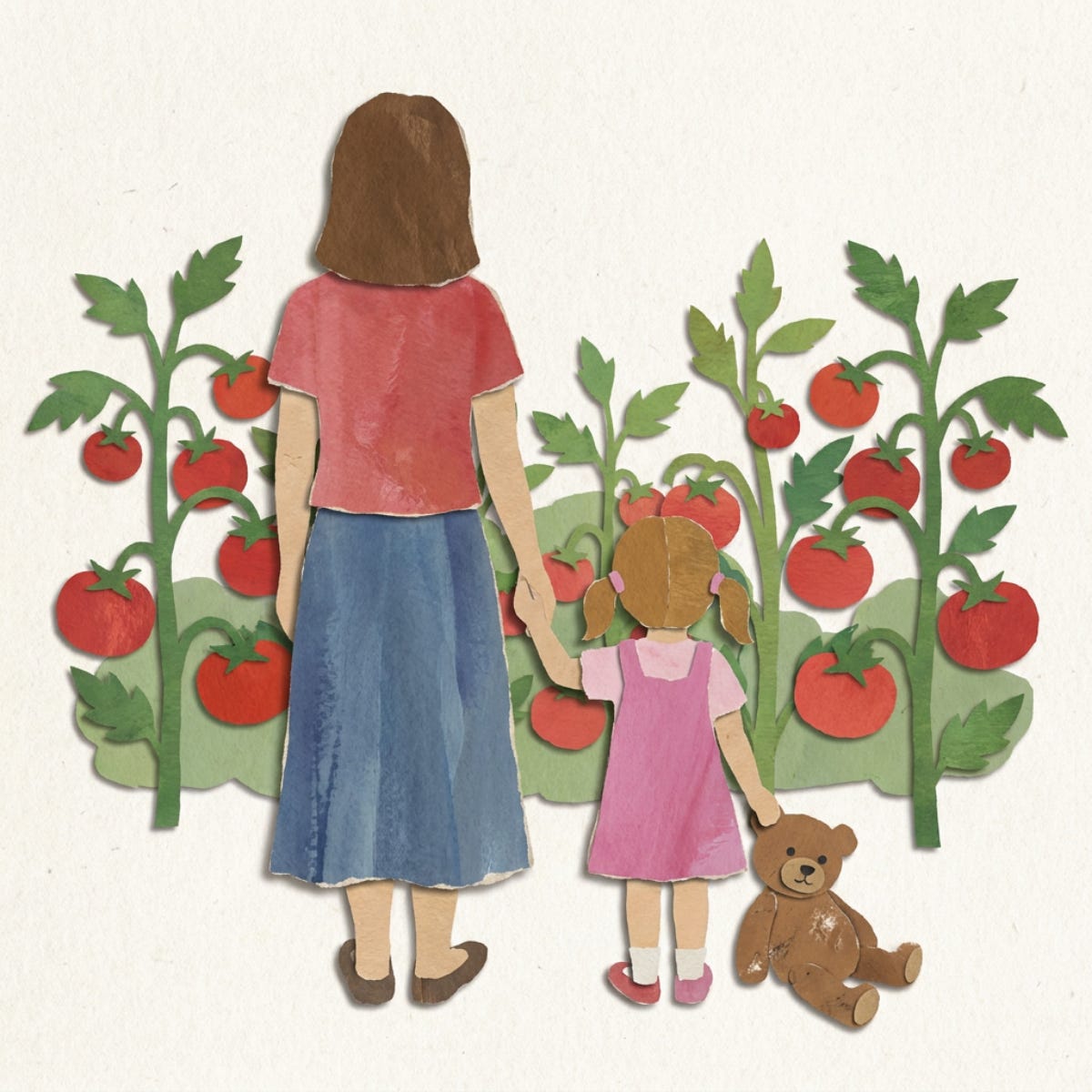 Paper cutout image of mother and daughter standing before a tomato garden Paper cutout image of mother and daughter standing before a tomato garden