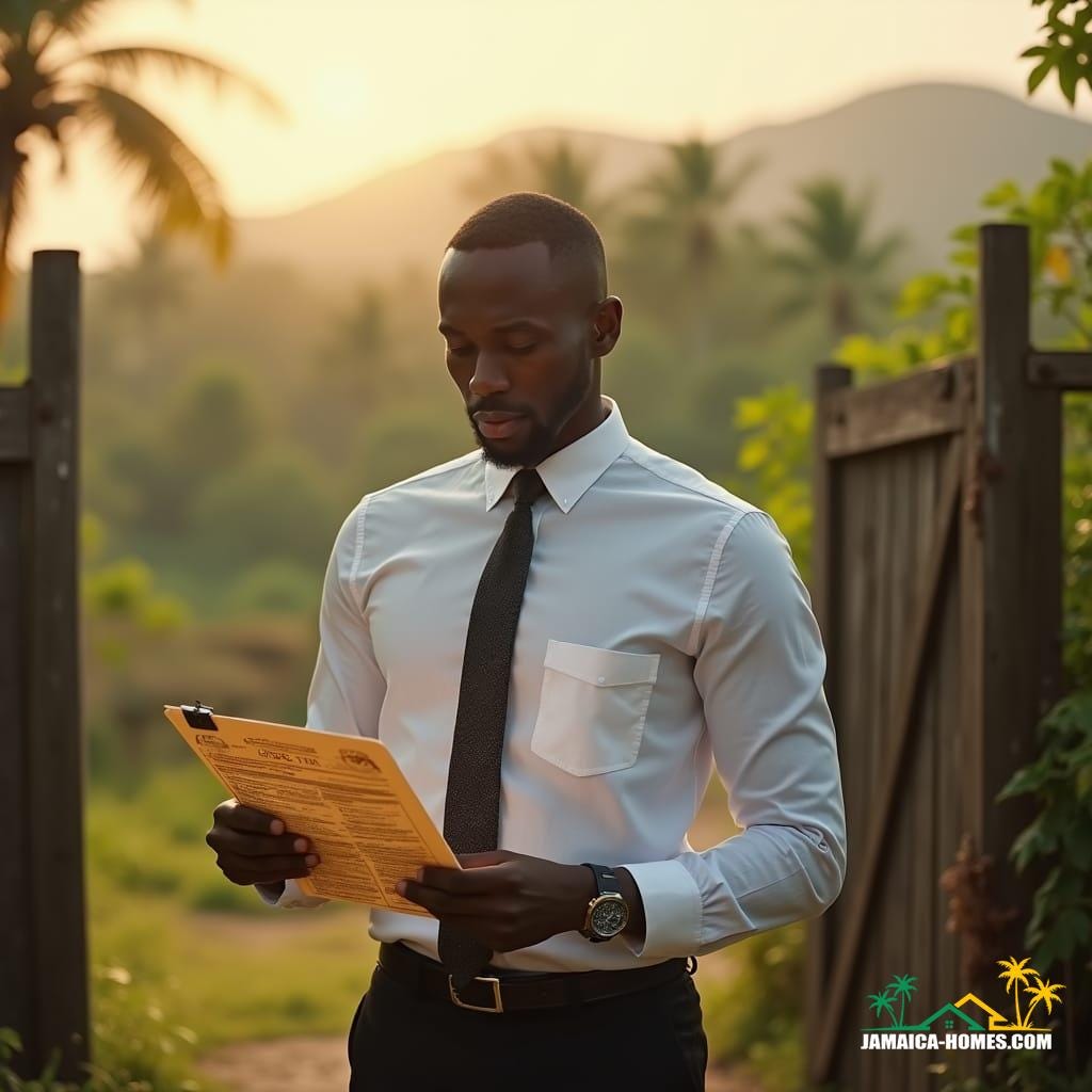 A sharp-dressed, middle-aged black man with a confident air, dressed in a crisp, white button-down shirt, slim tie, and tailored black trousers, stands authoritatively in a lush, sun-drenched Jamaican landscape, clipboard in hand, scrutinizing a property deed, as if inspecting the grounds, with a rugged, rustic wooden gate and a blurred, tropical backdrop, infused with a warm, golden hour glow