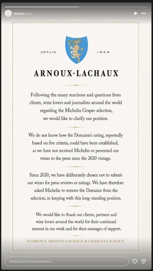 Instagram statement from Domaine Arnoux-Lachaux asking Michelin to remove the estate from the Michelin Grapes selection.