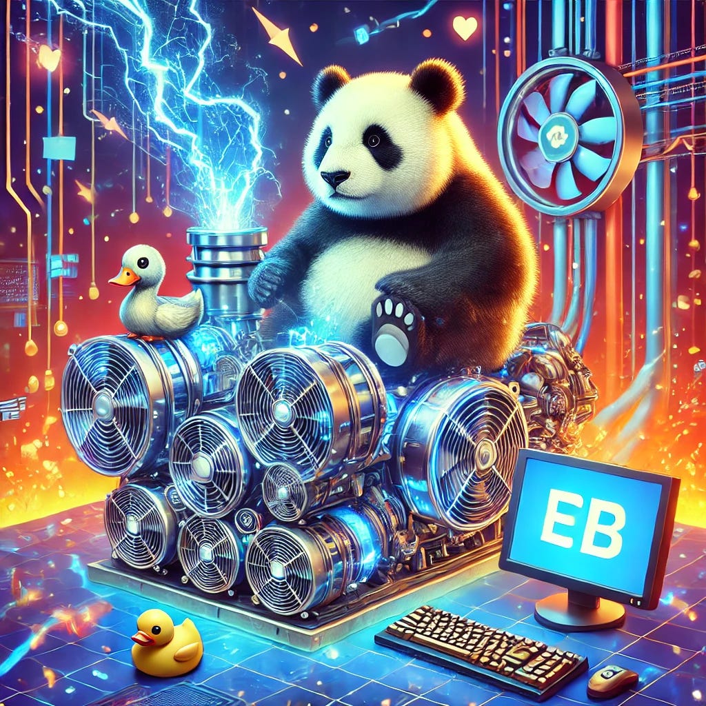 An illustration of a high-speed data processing engine with lightning sparks, a panda and a duck working together on a futuristic computer in a vibrant digital environment.