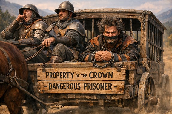 A rattling prison wagon on a dusty Karameikan road. Two bored Karameikan guardsmen sit up front, slouched and disinterested as the wagon creaks along. In the back sits Bargle the Infamous—shackled, gagged, robes singed, hair wild, and wearing an expression of pure simmering resentment at the indignity of being transported like common riff‑raff. A wooden sign hangs on the wagon: PROPERTY OF THE CROWN — DANGEROUS PRISONER. The scene is humorous, slightly grimy, and full of petty fury. A rattling prison wagon on a dusty Karameikan road. Two bored Karameikan guardsmen sit up front, slouched and disinterested as the wagon creaks along. In the back sits Bargle the Infamous—shackled, gagged, robes singed, hair wild, and wearing an expression of pure simmering resentment at the indignity of being transported like common riff‑raff. A wooden sign hangs on the wagon: PROPERTY OF THE CROWN — DANGEROUS PRISONER. The scene is humorous, slightly grimy, and full of petty fury.