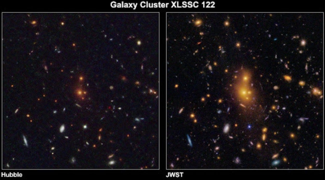 Side-by-side comparison of the most distant lens cluster, XLSSC 122, with the Hubble image on the left and a clearer, more detailed JWST image on the right reveals a dark matter surprise. Side-by-side comparison of the most distant lens cluster, XLSSC 122, with the Hubble image on the left and a clearer, more detailed JWST image on the right reveals a dark matter surprise.