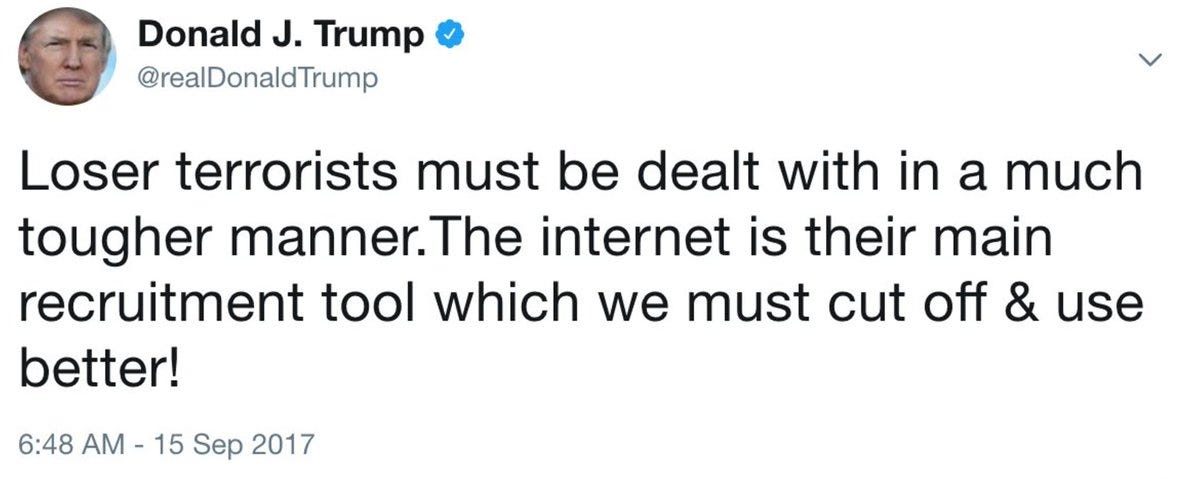 The View on Twitter: "Pres. Trump tweets "loser terrorists must be dealt  with in a much tougher manner," after London subway attack.  https://t.co/Rbin292roe… https://t.co/eCsAm61gqX"
