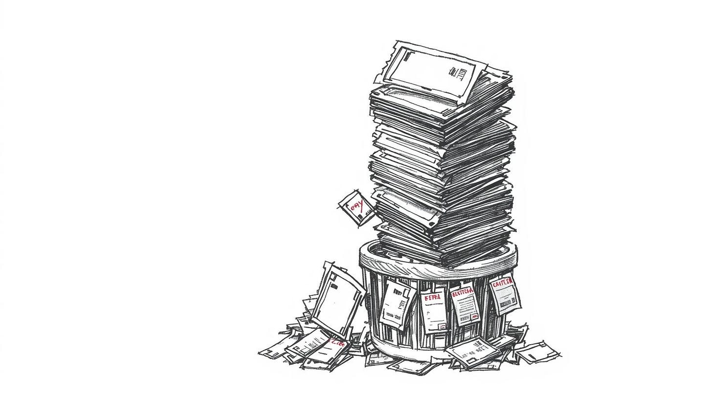 Stack of bug report tickets sliding off a desk into an overflowing wastebasket