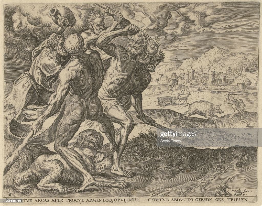 Hercules kills Geryon and his dog