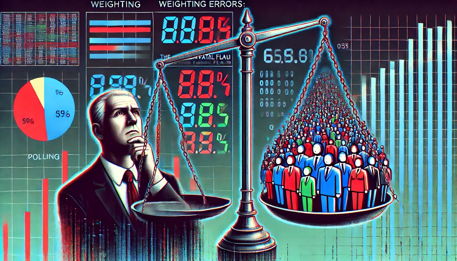 A conceptual digital illustration titled 'Weighting Errors: The Hidden Fatal Flaw in Polling.' The image features an unbalanced scale where one side is overloaded with data while the other is nearly empty, symbolizing flawed weighting techniques. A political analyst looks confused as polling charts on a large screen show wildly inaccurate predictions. In the background, voters of diverse demographics appear misrepresented, with some exaggerated in size while others are nearly invisible. The color scheme uses dark and glitchy tones to emphasize misinformation and statistical distortion.