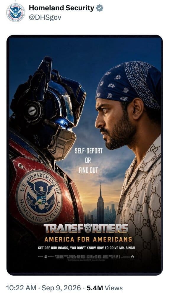 An illustration of a social media post from the Department of Homeland Security with a robot with the “U.S. Department of Homeland Security” shield and a brown man wearing a bandanna. An illustration of a social media post from the Department of Homeland Security with a robot with the “U.S. Department of Homeland Security” shield and a brown man wearing a bandanna.