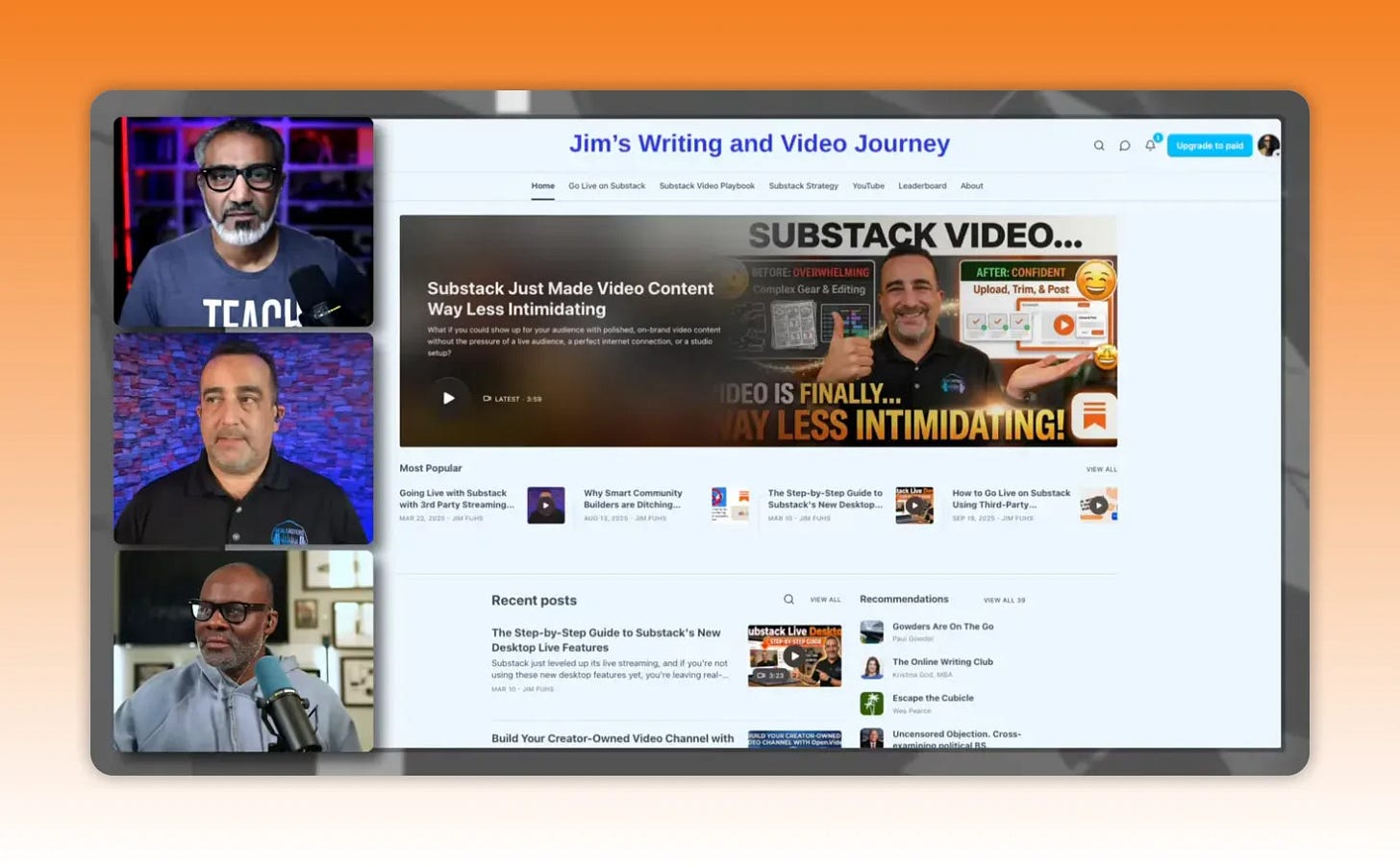 Substack interface showing “Jim’s Writing and Video Journey” with video thumbnails and navigation
