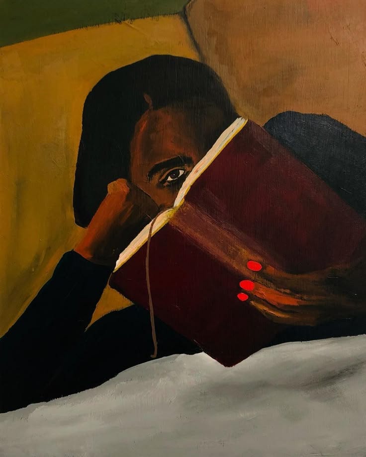 This may contain: a painting of a man reading a book with his hand on his face and holding it up to his ear This may contain: a painting of a man reading a book with his hand on his face and holding it up to his ear