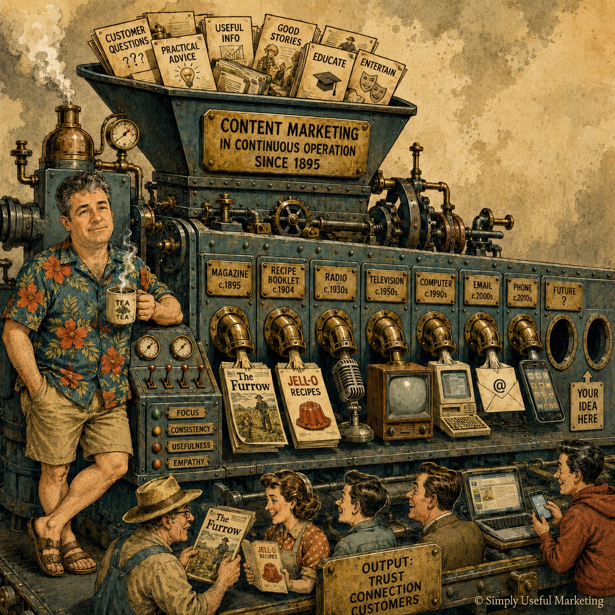 Vintage Guinness-style illustration of a large, old-fashioned “Content Marketing” machine in continuous operation since 1895, converting useful ideas into different delivery formats over time — magazine, recipe booklet, radio, television, computer, email, phone, and future channels. At left, a middle-aged man in a floral aloha shirt, shorts, and sandals leans against the machine holding a steaming mug of tea while people below receive the outputs, reinforcing the idea that content marketing endures even as formats change. Vintage Guinness-style illustration of a large, old-fashioned “Content Marketing” machine in continuous operation since 1895, converting useful ideas into different delivery formats over time — magazine, recipe booklet, radio, television, computer, email, phone, and future channels. At left, a middle-aged man in a floral aloha shirt, shorts, and sandals leans against the machine holding a steaming mug of tea while people below receive the outputs, reinforcing the idea that content marketing endures even as formats change.