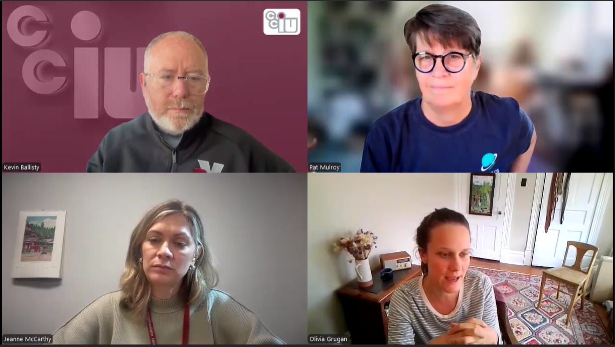 A virtual meeting with four participants in a grid. Top left: Kevin Ballisty, man with glasses and beard, in front of a purple CIU background. Top right: Pat Mulroy, woman with short hair and glasses, in a navy shirt. Bottom left: Jeanne McCarthy, woman with shoulder-length hair and a lanyard, seated against a gray wall. Bottom right: Olivia Grugan, woman with tied-back hair in a striped shirt, in a room with white walls and a patterned rug.