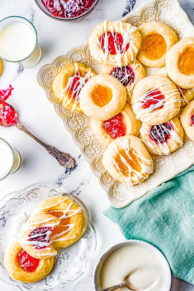 Classic JamThumbprint Cookies on a platter. Classic JamThumbprint Cookies on a platter.