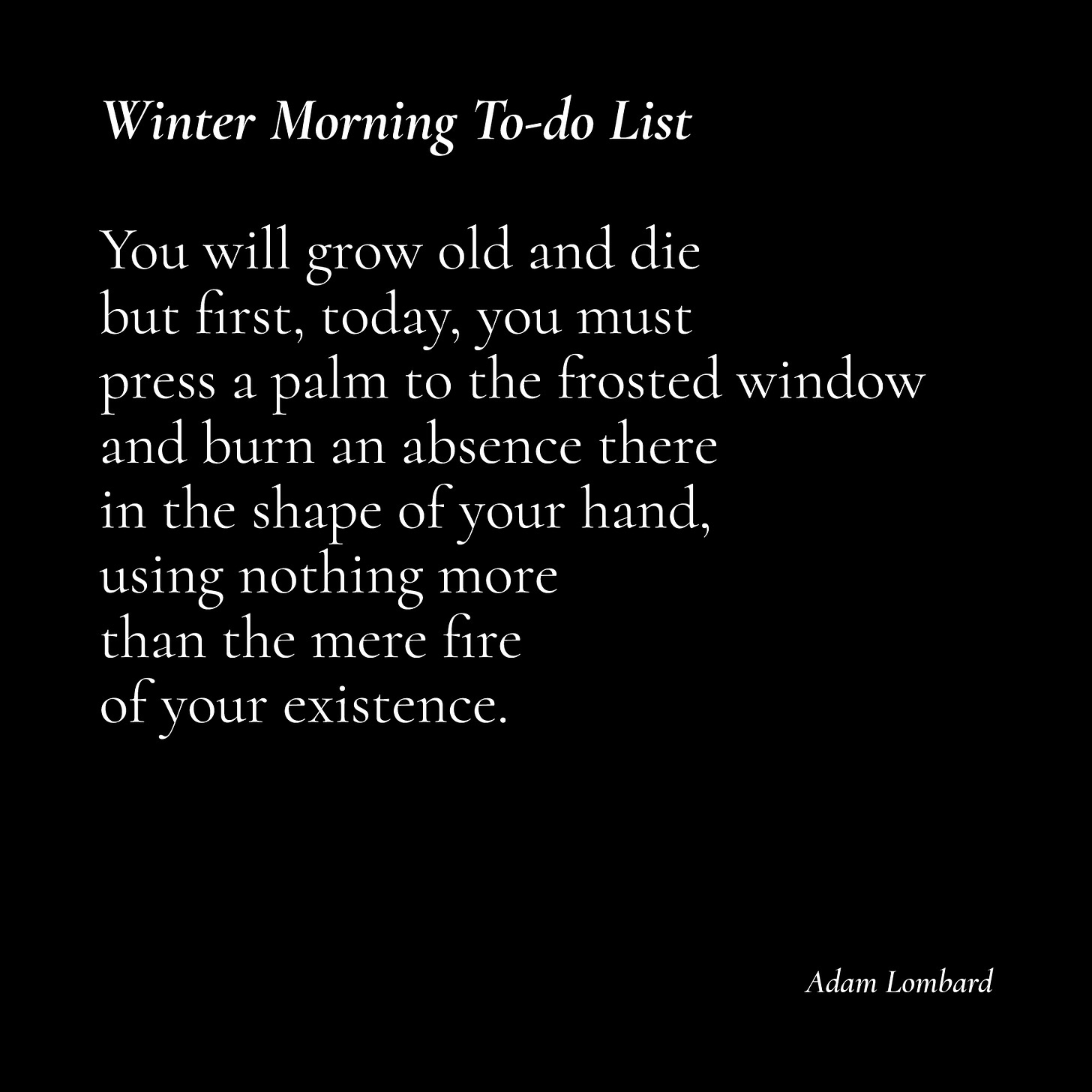 A black card with white text, that reads: "Winter Morning To-do List — You will grow old and die but first, today, you must press a palm to the frosted window and burn an absence there in the shape of your hand, using nothing more than the mere fire of your existence. ~ Adam Lombard"