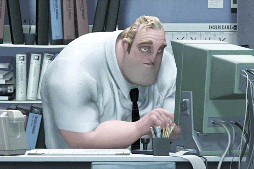 A cartoon man sits behind a desk and types at a computer