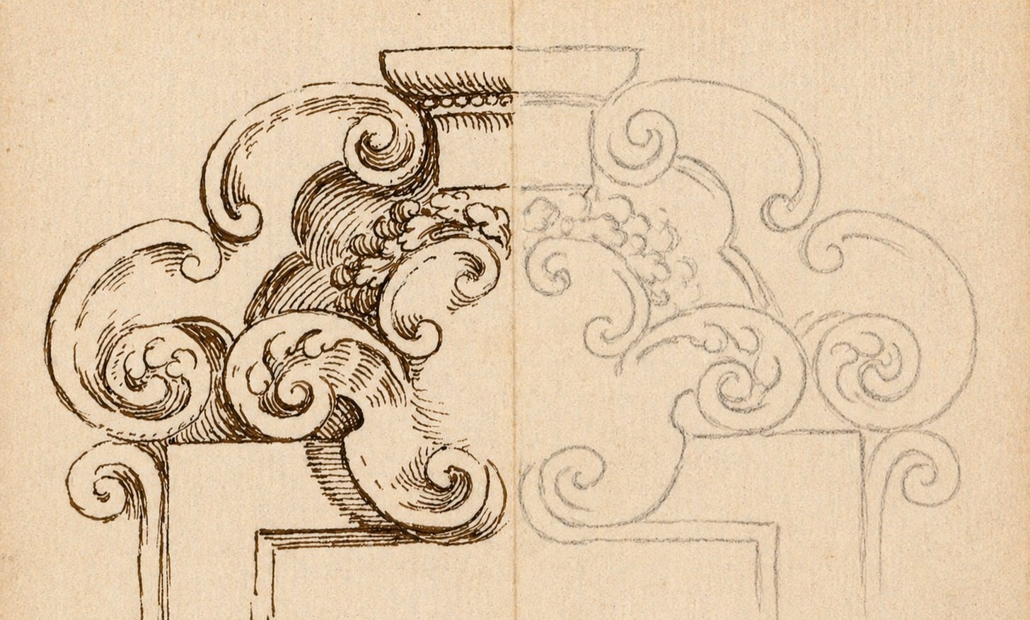 design for an ornate frame; The right half in graphite, the left in ink