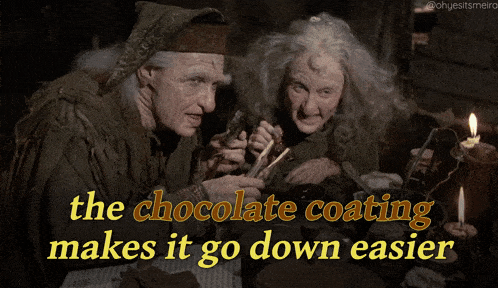 a couple of old people with the words " the chocolate coating makes it go down easier " on the bottom