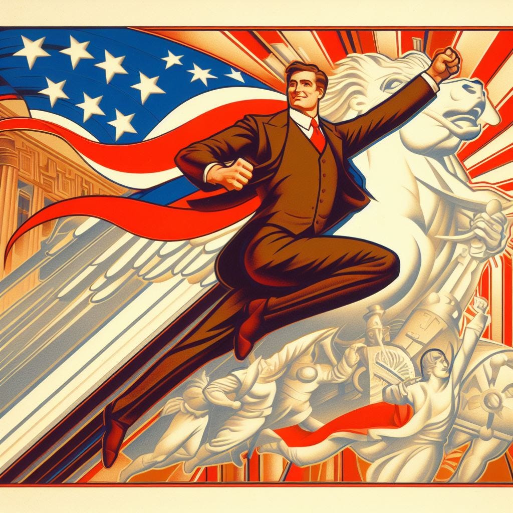 A heroic politician saves the republic, art deco A heroic politician saves the republic, art deco