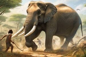 Prehistoric people are attacking an elephant