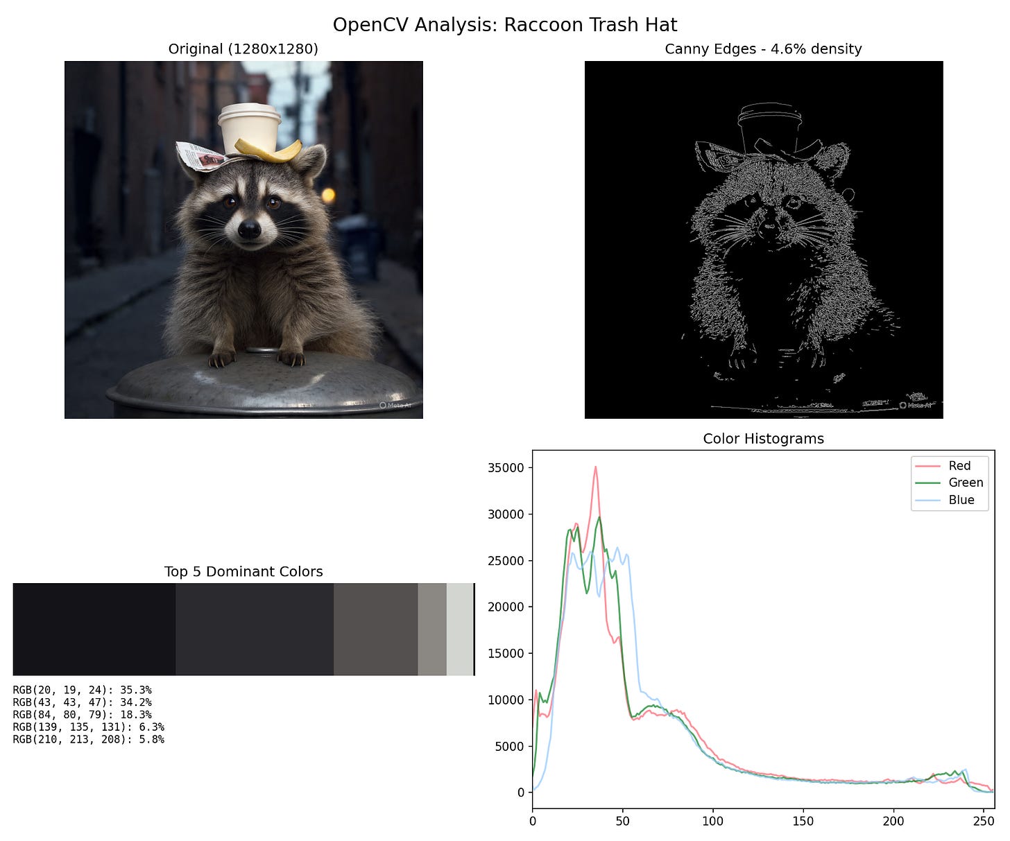 OpenCV image analysis dashboard titled "OpenCV Analysis: Raccoon Trash Hat" with four panels: top-left shows the original 1280x1280 photo of a raccoon wearing a trash-lid hat with a coffee cup and newspaper on top in an alley; top-right shows a Canny edge detection version with white edges on black background labeled "Canny Edges - 4.6% density"; bottom-left shows "Top 5 Dominant Colors" as swatches with values RGB(20, 19, 24): 35.3%, RGB(43, 43, 47): 34.2%, RGB(84, 80, 79): 18.3%, RGB(139, 135, 131): 6.3%, RGB(210, 213, 208): 5.8%; bottom-right shows "Color Histograms" line chart with Red, Green, and Blue channels plotted from 0-250 on x-axis and 0-35000 on y-axis, peaking around value 25-50.