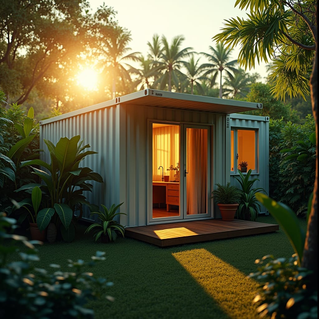 ozy one-bedroom container home nestled in a lush Jamaican landscape, surrounded by vibrant tropical foliage, warm golden light casting a serene ambiance