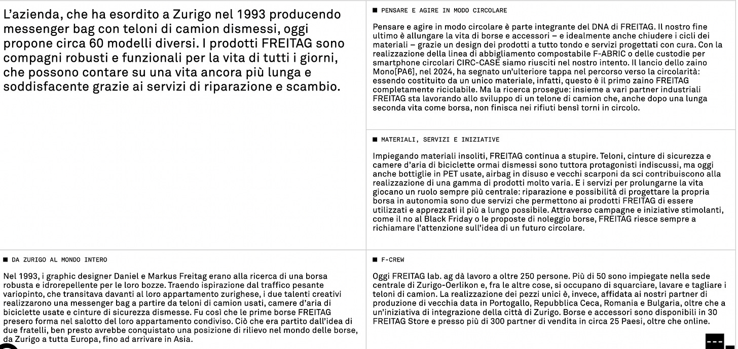 Una schermata della pagina Storia del brand. C'è tantissimo testo scritto con un'interlinea ristretta, sfondo bianco, font nera. Blocchi di testo come mattoni. A me va via il respiro.