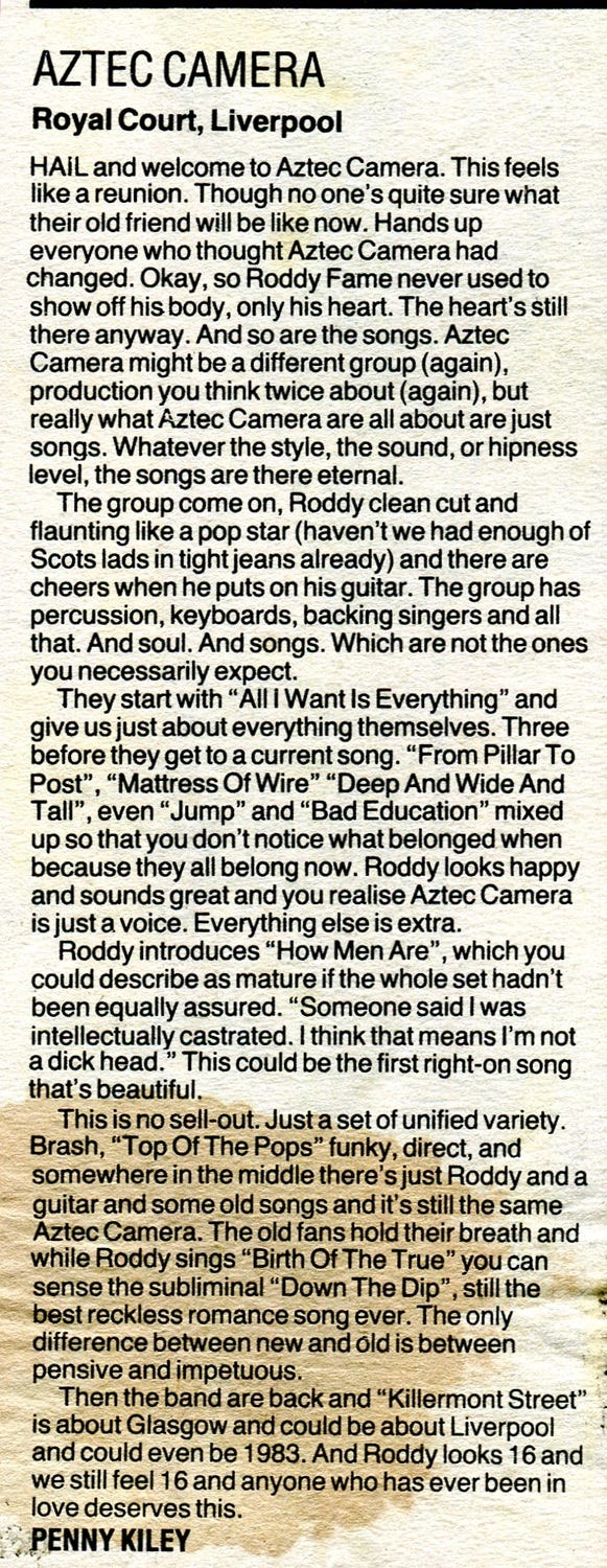Aztec Camera, January 1988 - Penny Kiley's music writing