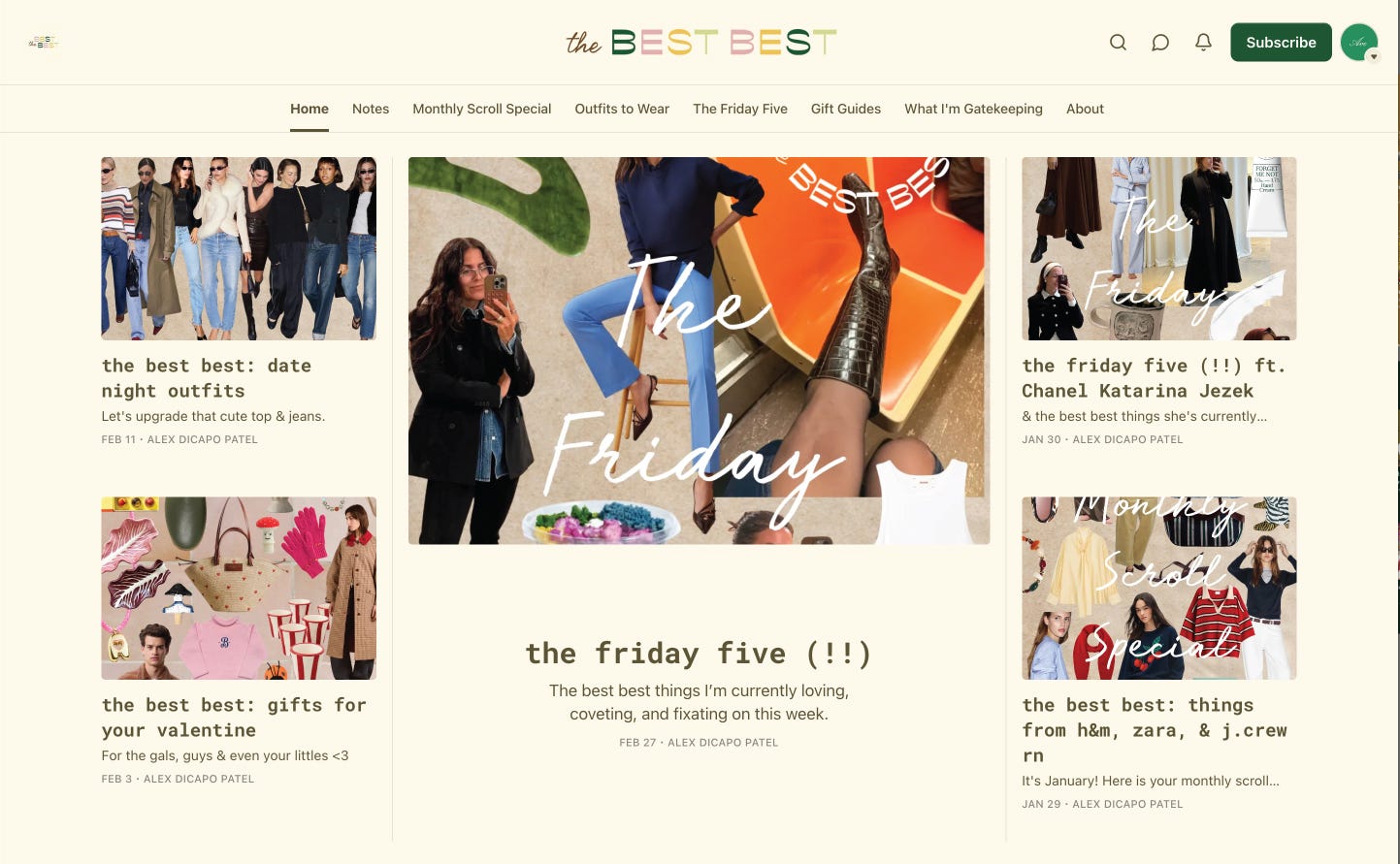 Substack branding with warm tones, hand-lettered titles, and collage-style thumbnails on a neutral background