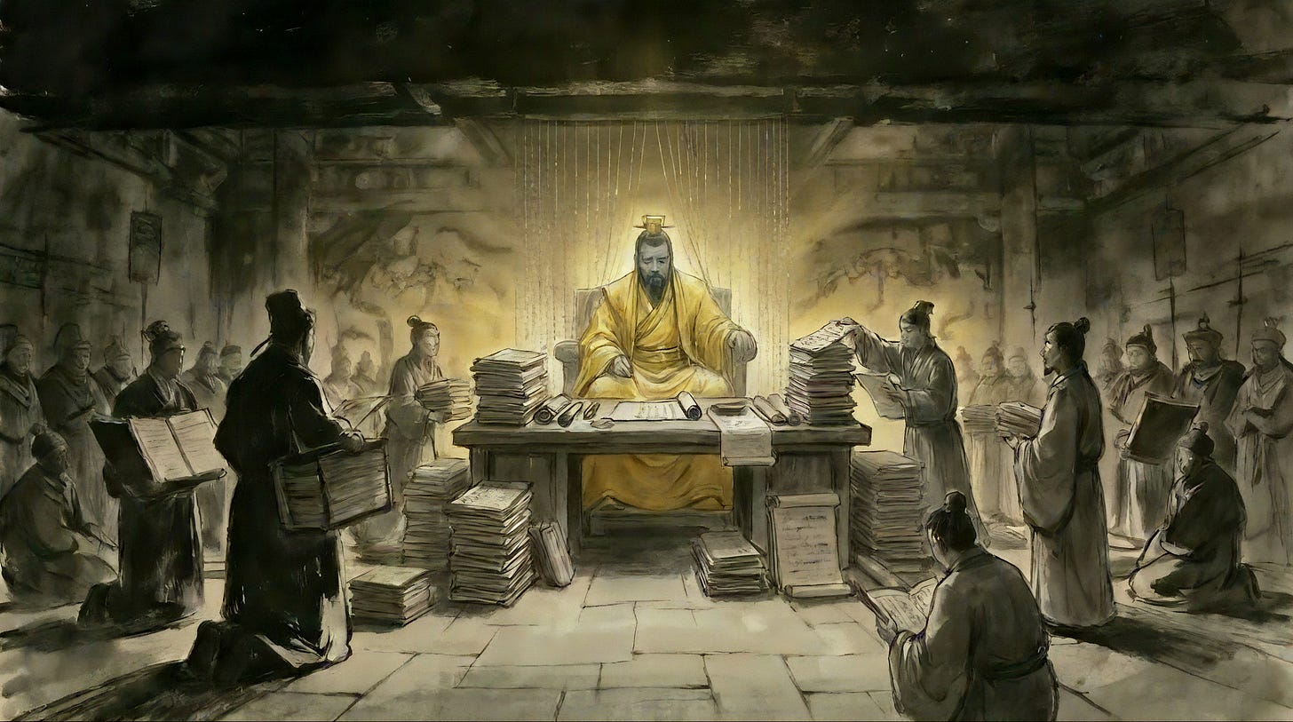 A ruler in sun-bright robes sits on the highest throne behind a screen of fine hanging beads. An endless court of kneeling officials and waiting petitioners fills the hall below, and a heavy dark presses from above. Warm-amber charcoal.