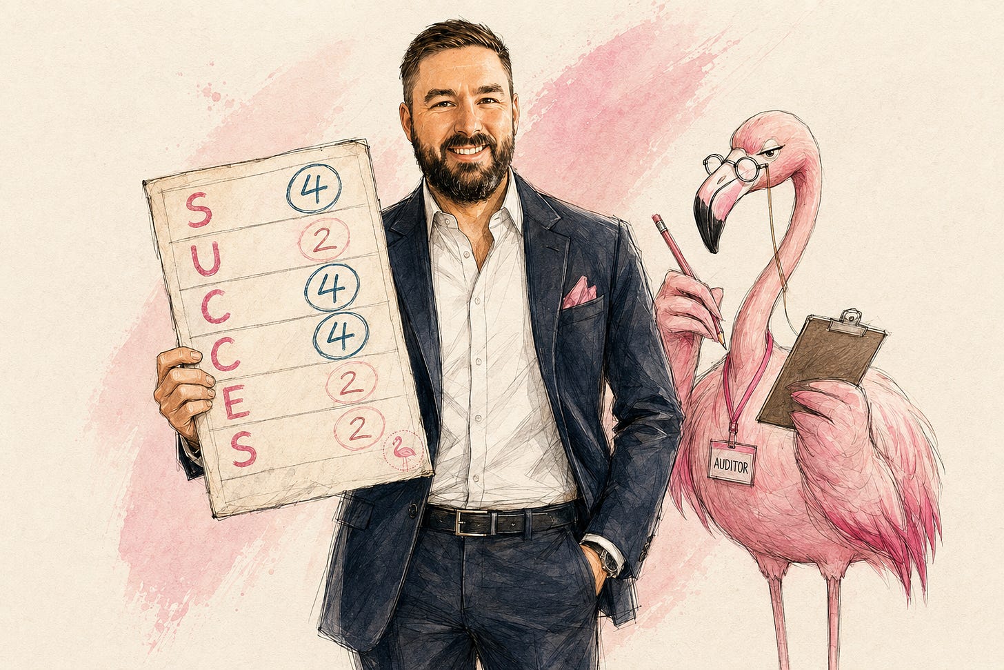 Illustrated portrait of newsletter founder David Roy holding a SUCCESS Model scorecard beside a flamingo auditor character