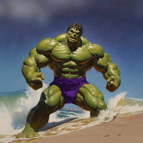 a painting of the incredible hulk man running on the beach