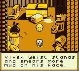 Alt Text: A screenshot of Mud Warriors, showing a child covered in mud, with the text "Vivek Geist stands and smears more mud on his face."