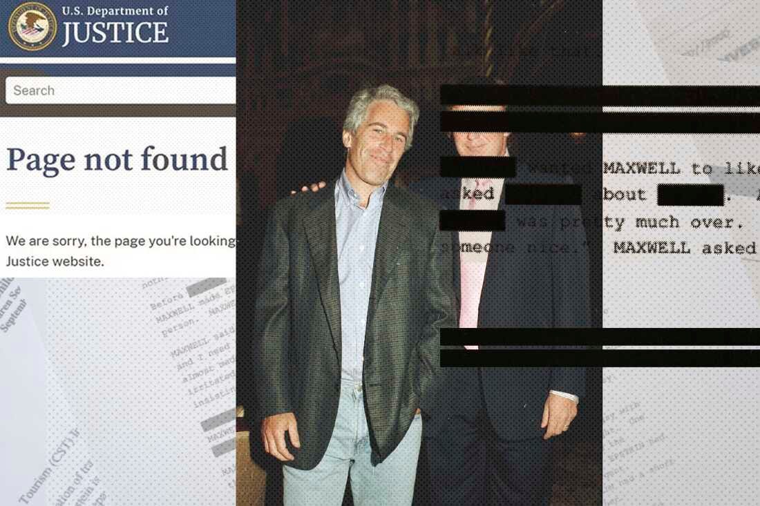 This collage shows a photo of Jeffrey Epstein standing with Donald Trump along with a heavily redacted Epstein file and a screenshot of the Justice Department website saying: "Page not found."