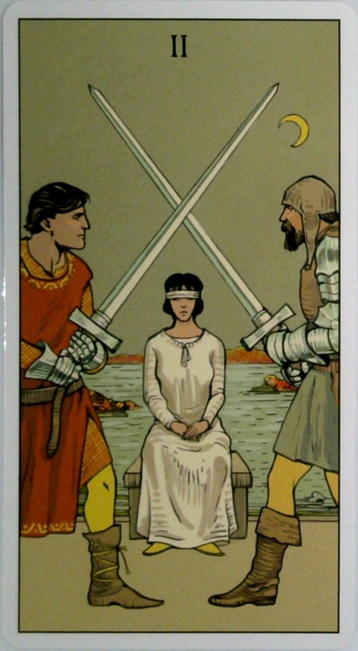 The Two of Swords tarot card and the Tap into Your Sacral Power oracle card.