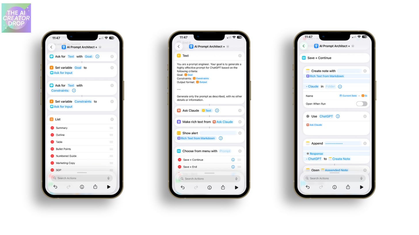 Three iPhone screens showing the AI Prompt Architect shortcut workflow: First screen displays shortcut actions including 'Ask for Text with Goal,' 'Set variable Goal to Ask for Input,' and 'Ask Claude.' Second screen shows prompt text instructing Claude to generate effective ChatGPT prompts. Third screen shows the Save + Continue action with options to create notes using ChatGPT responses in Claude folder. Three iPhone screens showing the AI Prompt Architect shortcut workflow: First screen displays shortcut actions including 'Ask for Text with Goal,' 'Set variable Goal to Ask for Input,' and 'Ask Claude.' Second screen shows prompt text instructing Claude to generate effective ChatGPT prompts. Third screen shows the Save + Continue action with options to create notes using ChatGPT responses in Claude folder.