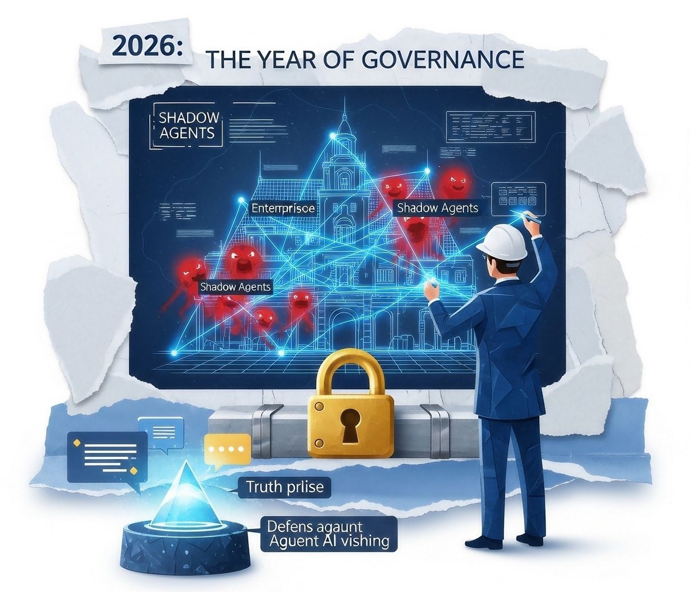 A conceptual digital illustration titled "2026: THE YEAR OF GOVERNANCE." A digital architect wearing a white hard hat stands before a large, holographic blueprint of an enterprise structure. The architect draws glowing blue lines to map and constrain chaotic red entities labeled "Shadow Agents." The foundation of the structure is secured by a large, heavy golden padlock. In the foreground, a glowing blue pyramid labeled "Truth Prism" filters data streams, representing defense against AI vishing. The overall aesthetic is clean, structured, and authoritative with a blue, white, and gold color palette.