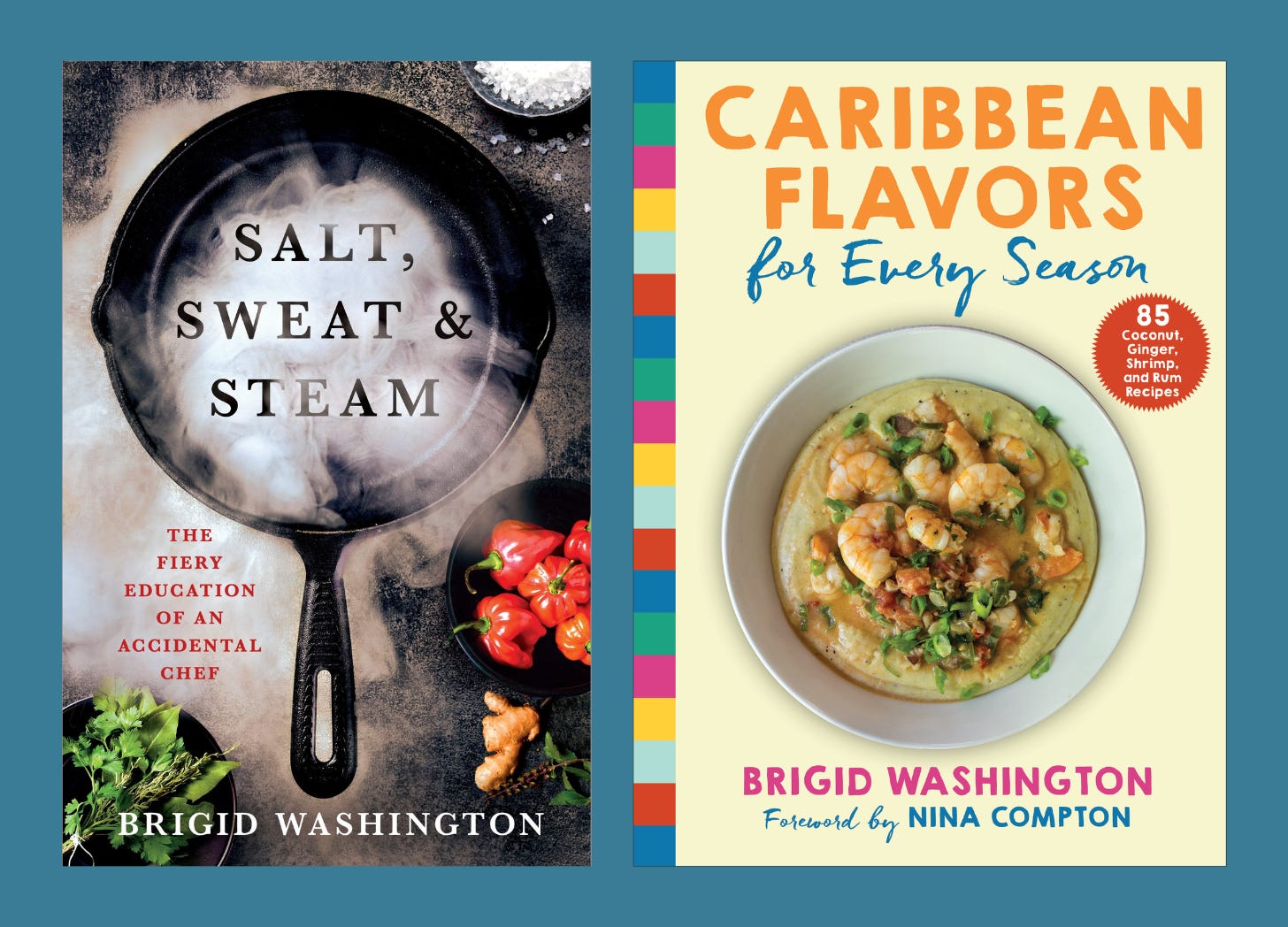 Covers of Salt, Sweat & Steam and Caribbean Flavors for Every Season books.