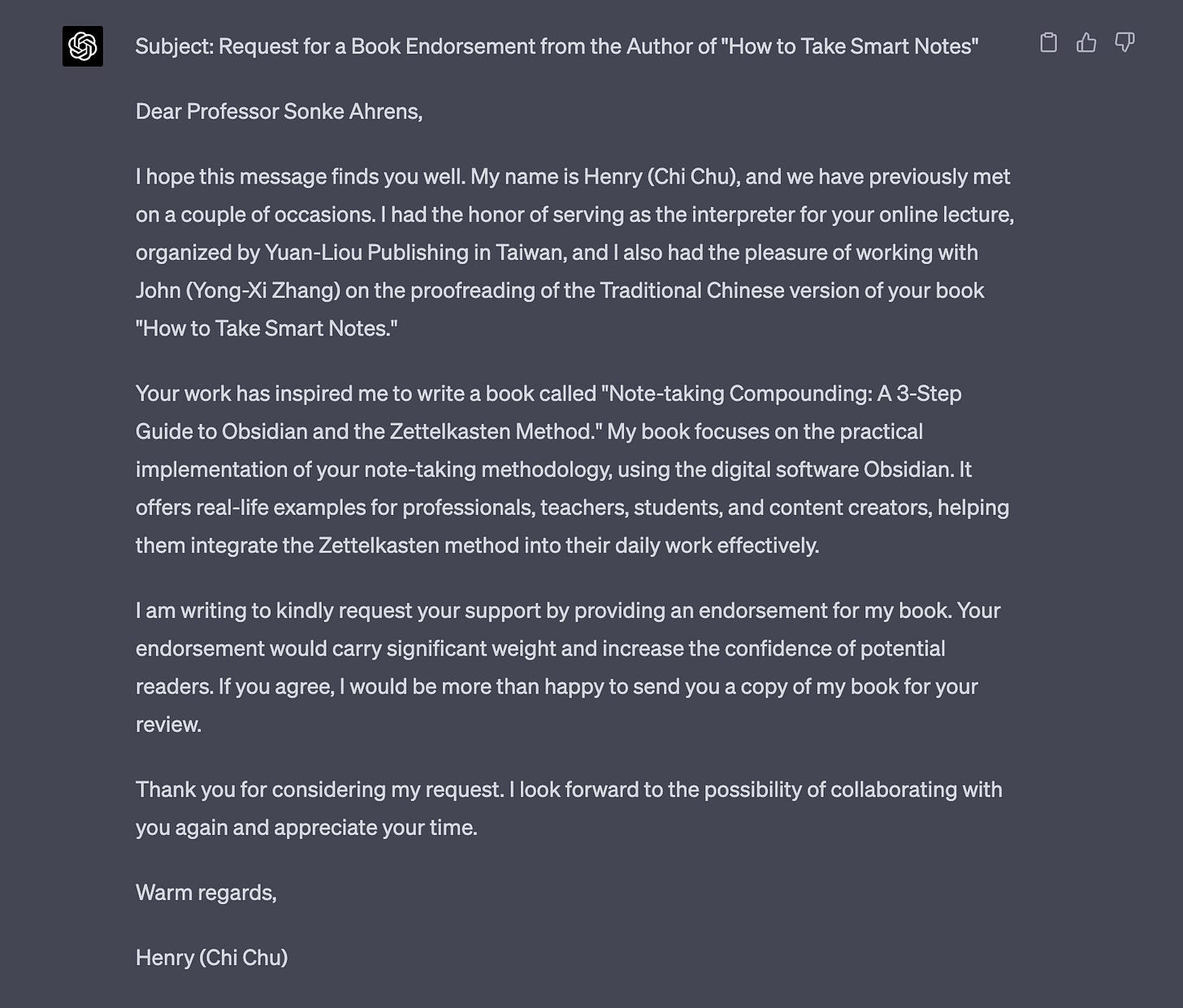 ChatGPT 寫出來的英文信