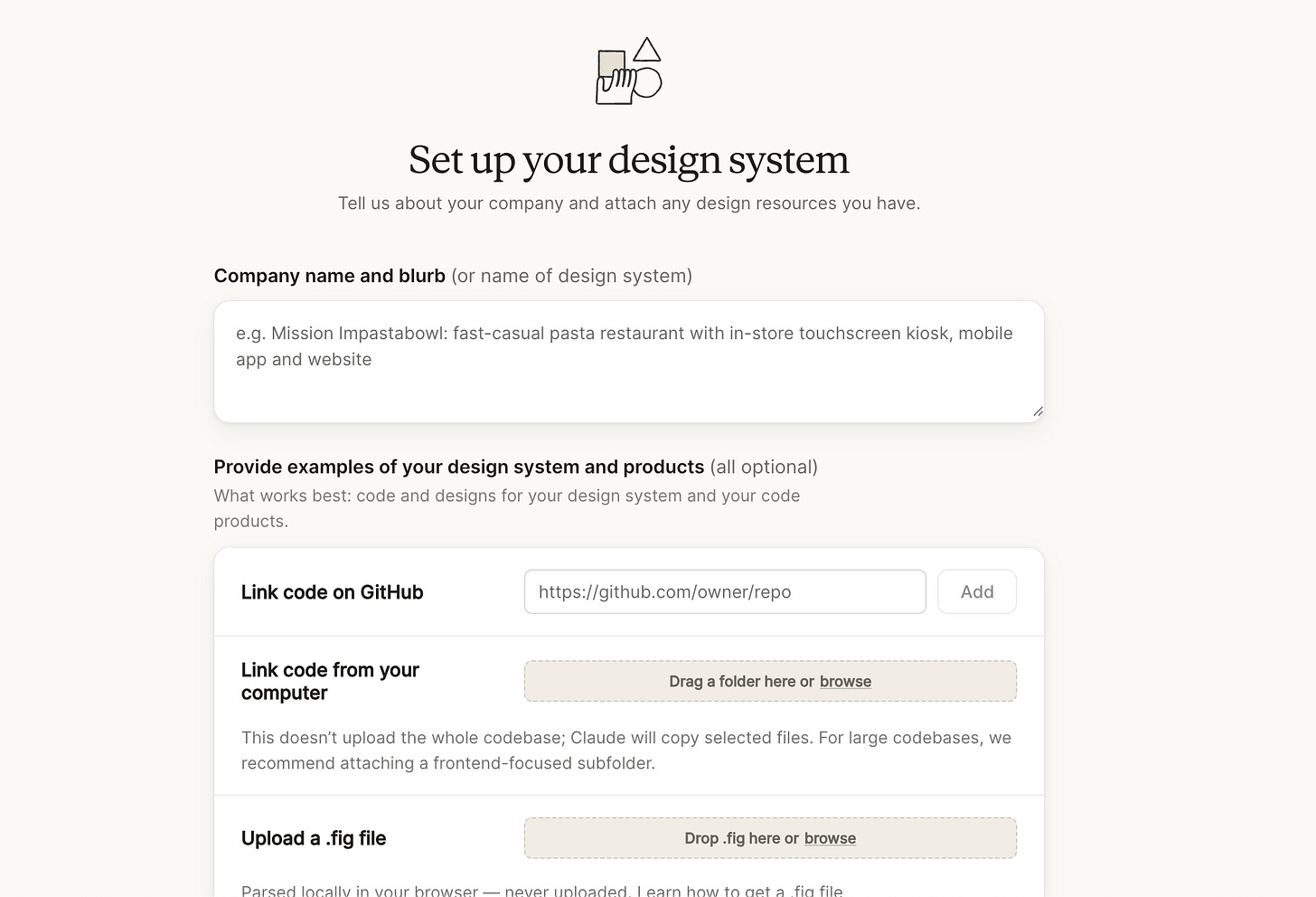 Claude Design's organization-level design system management interface showing brand assets, color palettes, and component libraries