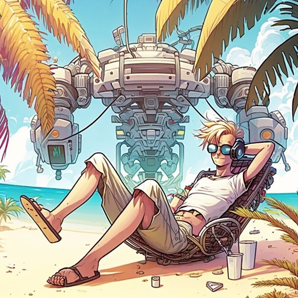 a relaxed scene on a tropical island paradise. A young blond man with round glasses is lying in a hammock stretched between two palm trees, while a robot is standing next to him holding a tray with cocktail glasses on it, sunlight, cartoonstyle, super detailed details, 8k