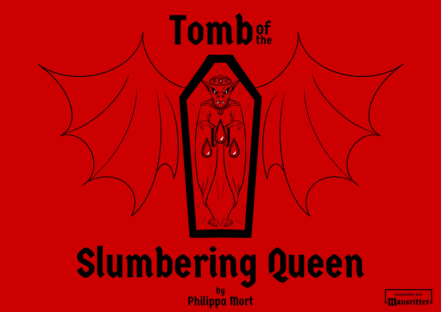 Cover of Tomb of the Slumbering Queen. It shows a linear illustration of a Vampire Bat queen resting in a coffin, with her bat wings splayed out. She wears a diadem, and in front of her are 3 crystalline red blood droplets.