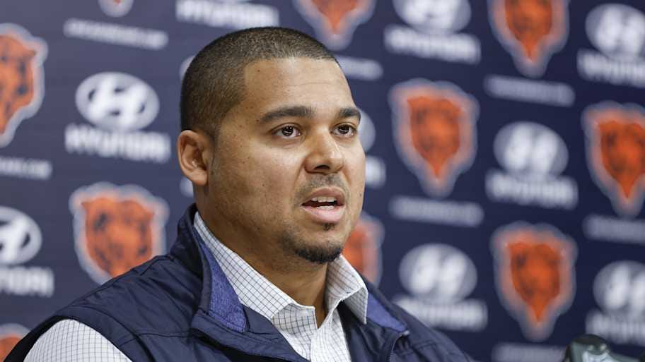 Chicago Bears general manager Ryan Poles speaks to the media. | Kamil Krzaczynski-Imagn Images
