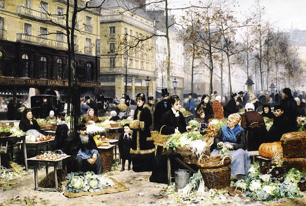 Flower and produce sellers fill a busy Paris market hall in the morning light Flower and produce sellers fill a busy Paris market hall in the morning light