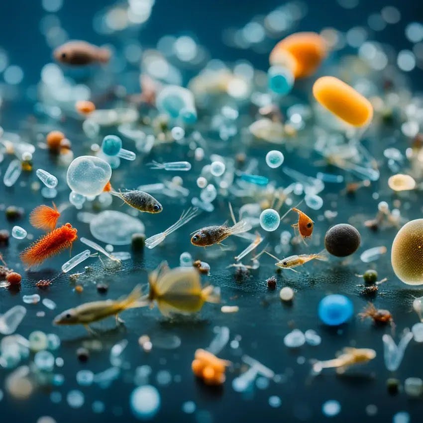 The intricate details of the microplastics are clearly visible, showcasing the environmental impact of these tiny particles on marine life