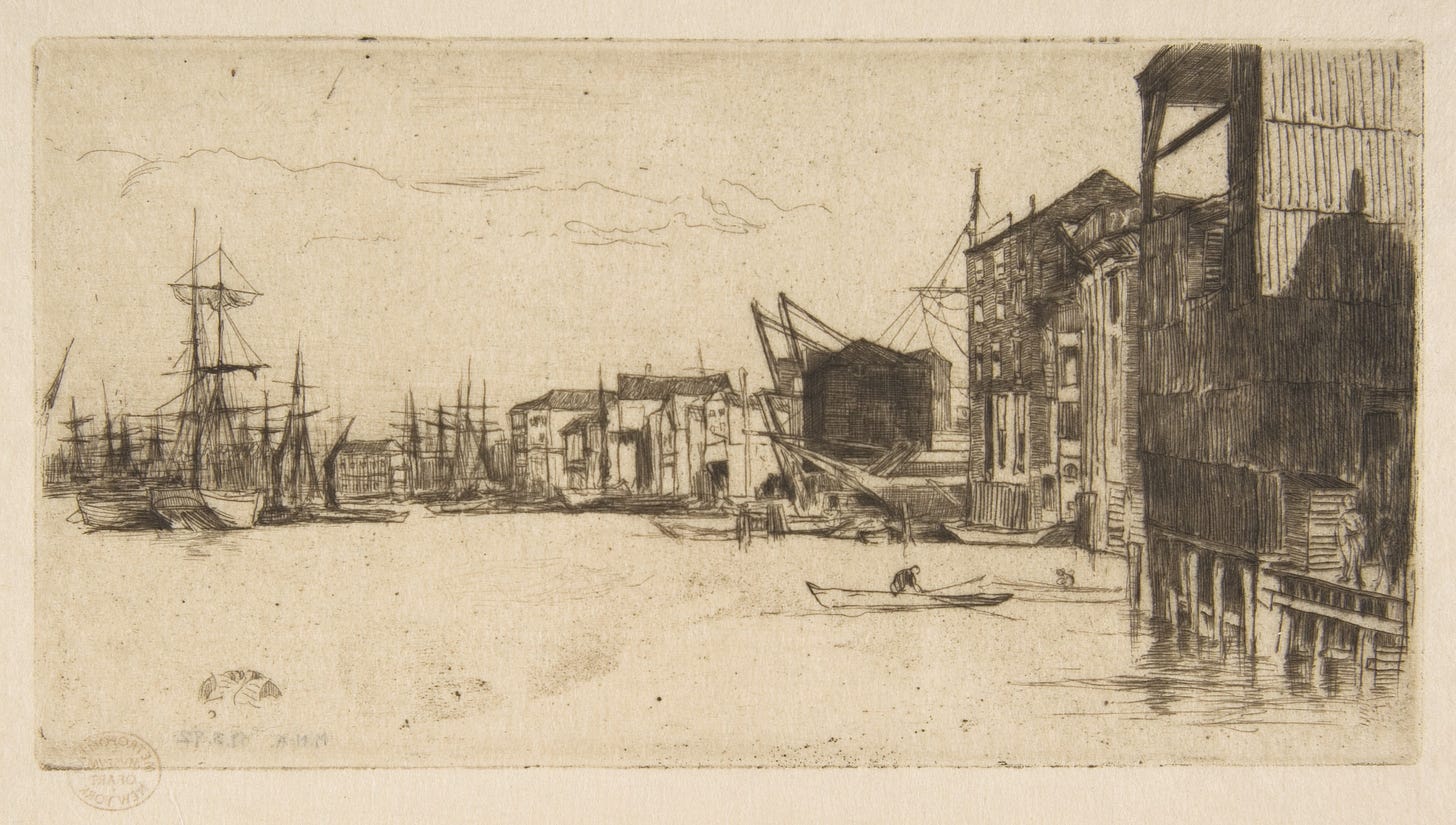 Free Trade Wharf, James McNeill Whistler (American, Lowell, Massachusetts 1834–1903 London), Etching and drypoint, printed in black ink on fine ivory Japan; fourth state of eight (Glasgow) as published by the Fine Art Society